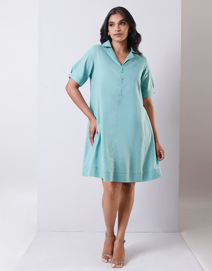 Cuban Collar A-Line Dress with 3 Buttons