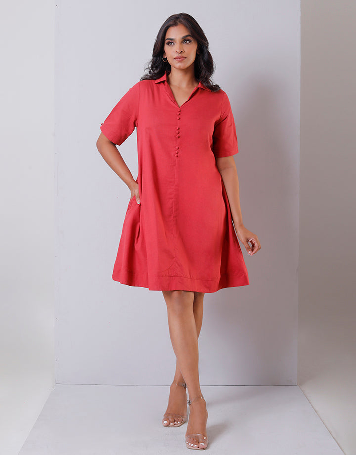 Cuban Collar A-Line Dress with 3 Buttons