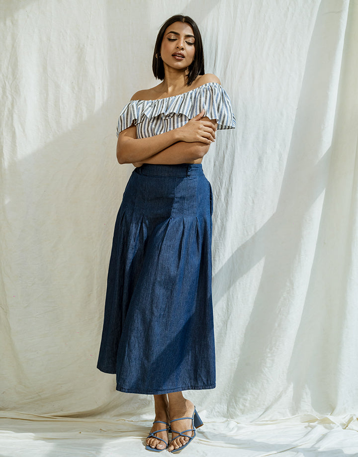 Denim Midi Skirt with Pleated