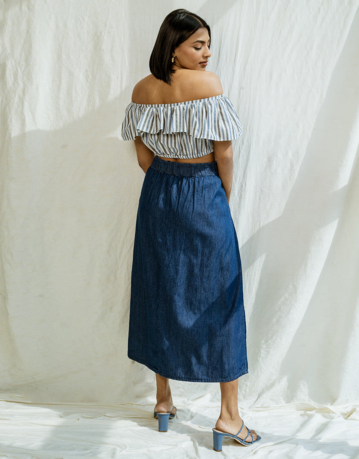 Denim Midi Skirt with Pleated