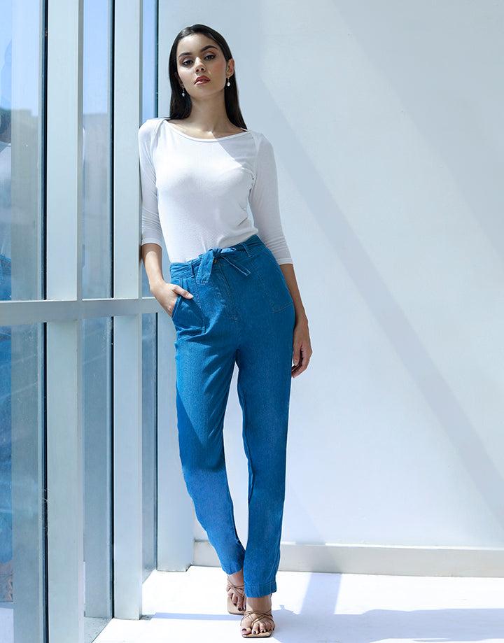 Elastic Waist Denim Pant with Tie