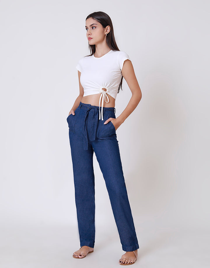 Elastic Waist Denim Pant with Tie