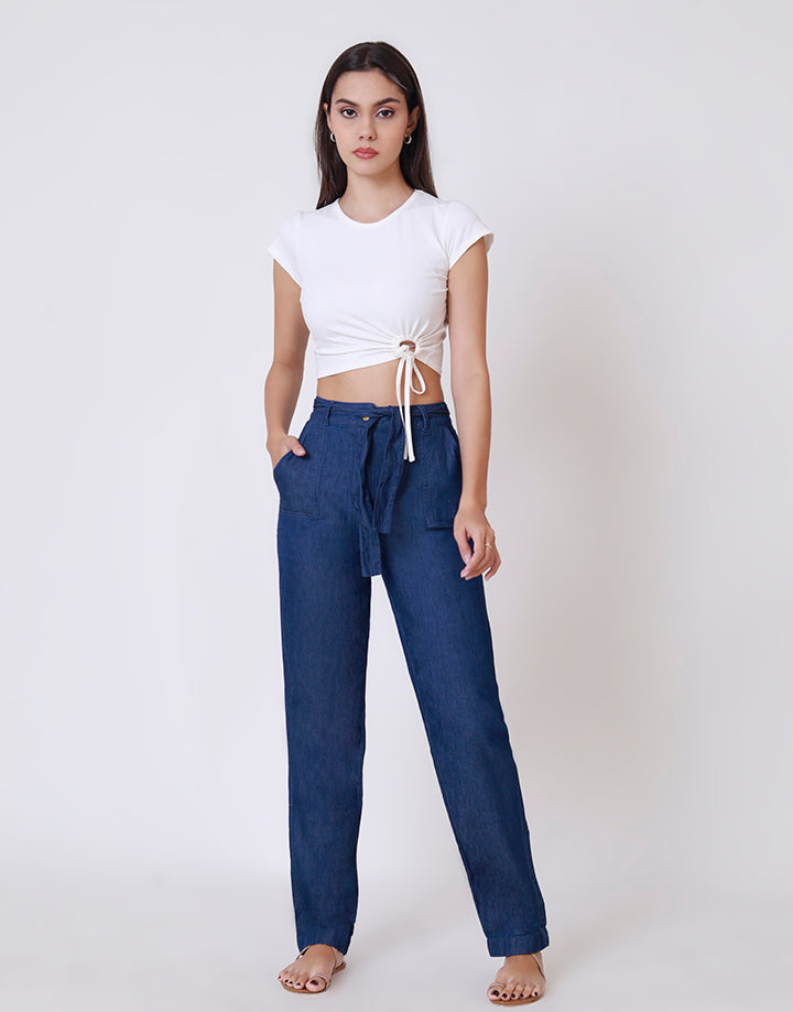 Elastic Waist Denim Pant with Tie