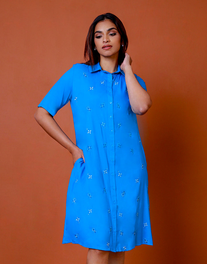 Embroidered Button Up Shirt Dress