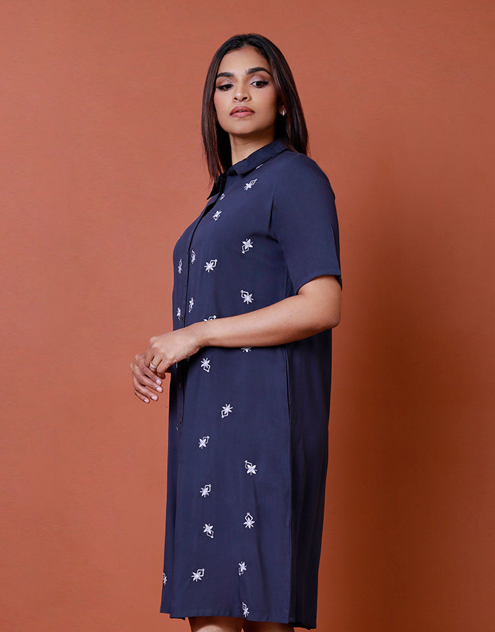 Embroidered Button Up Shirt Dress