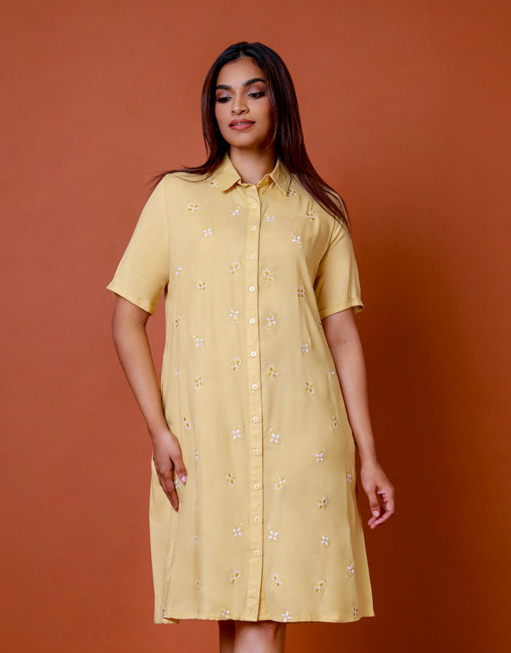 Embroidered Button Up Shirt Dress