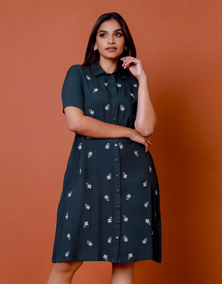 Embroidered Button Up Shirt Dress