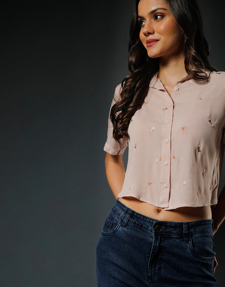 Embroidered Collared Crop Shirt