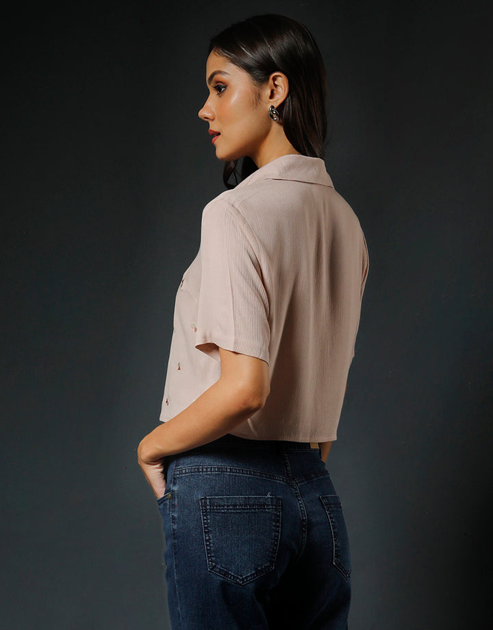 Embroidered Collared Crop Shirt