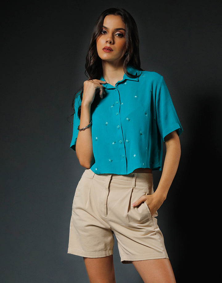 Embroidered Collared Crop Shirt