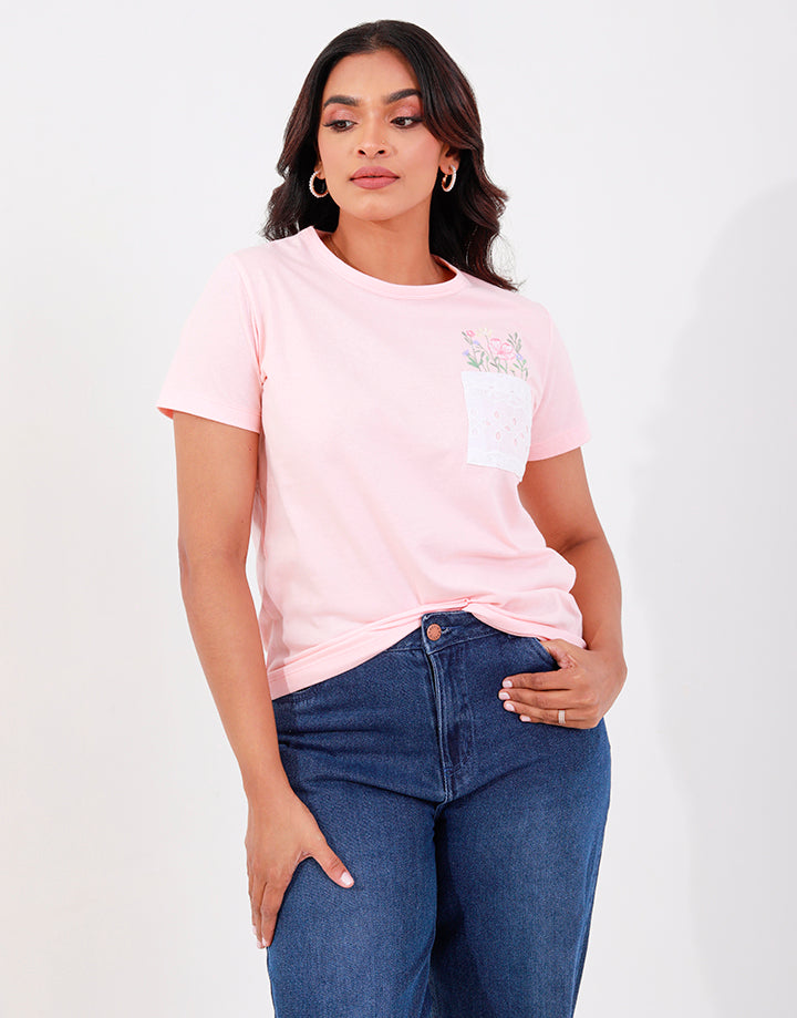 Embroidered Floral Pocket T-Shirt