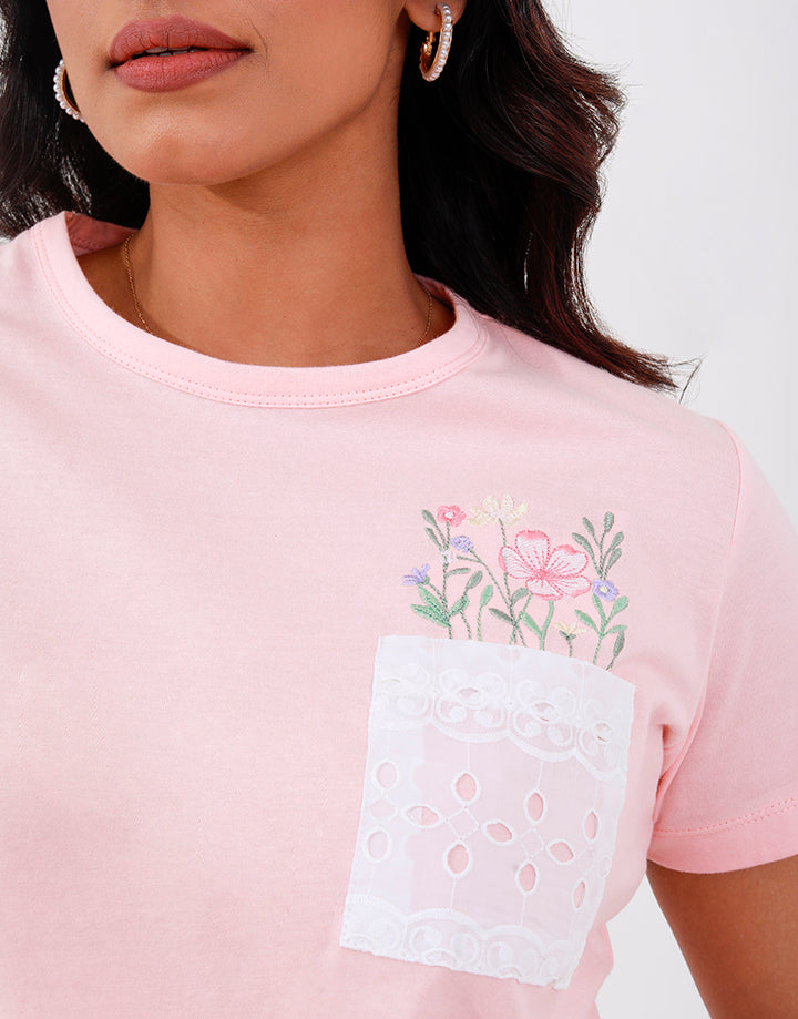 Embroidered Floral Pocket T-Shirt