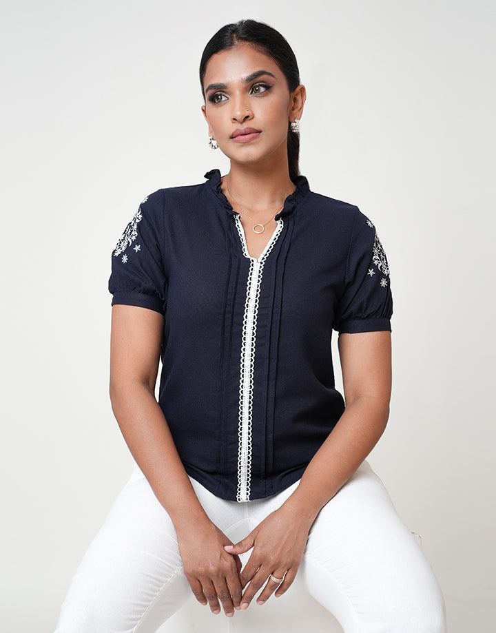 Embroidered Frill Neck Top with Pintuck