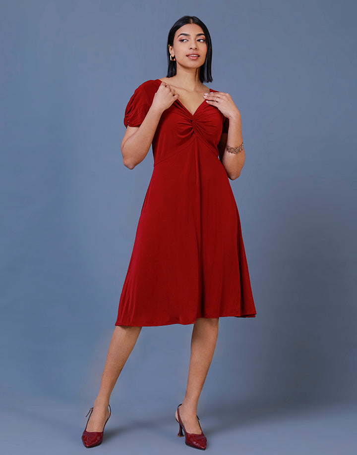 Flared Front Knot Dress with Puff Sleeves