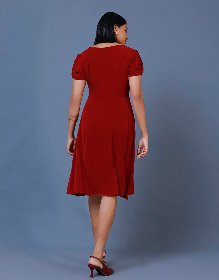 Flared Front Knot Dress with Puff Sleeves