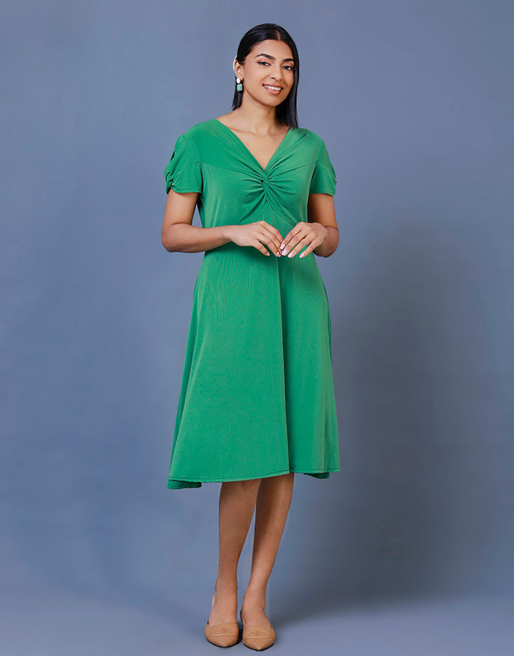 Flared Front Knot Dress with Puff Sleeves