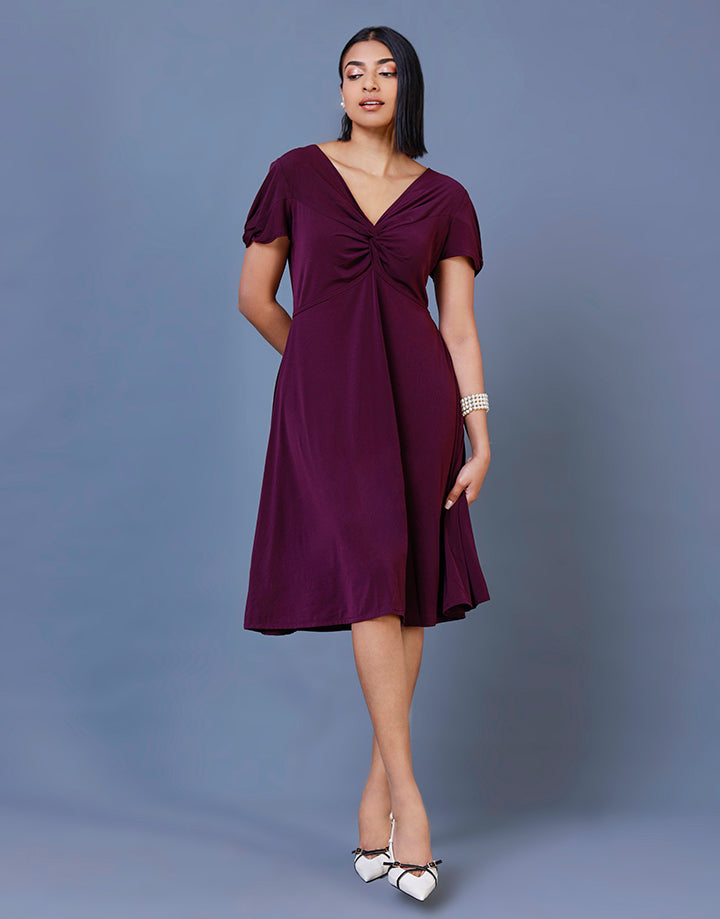 Flared Front Knot Dress with Puff Sleeves