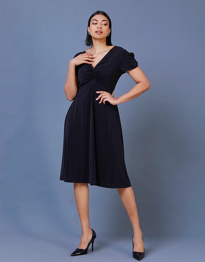 Flared Front Knot Dress with Puff Sleeves