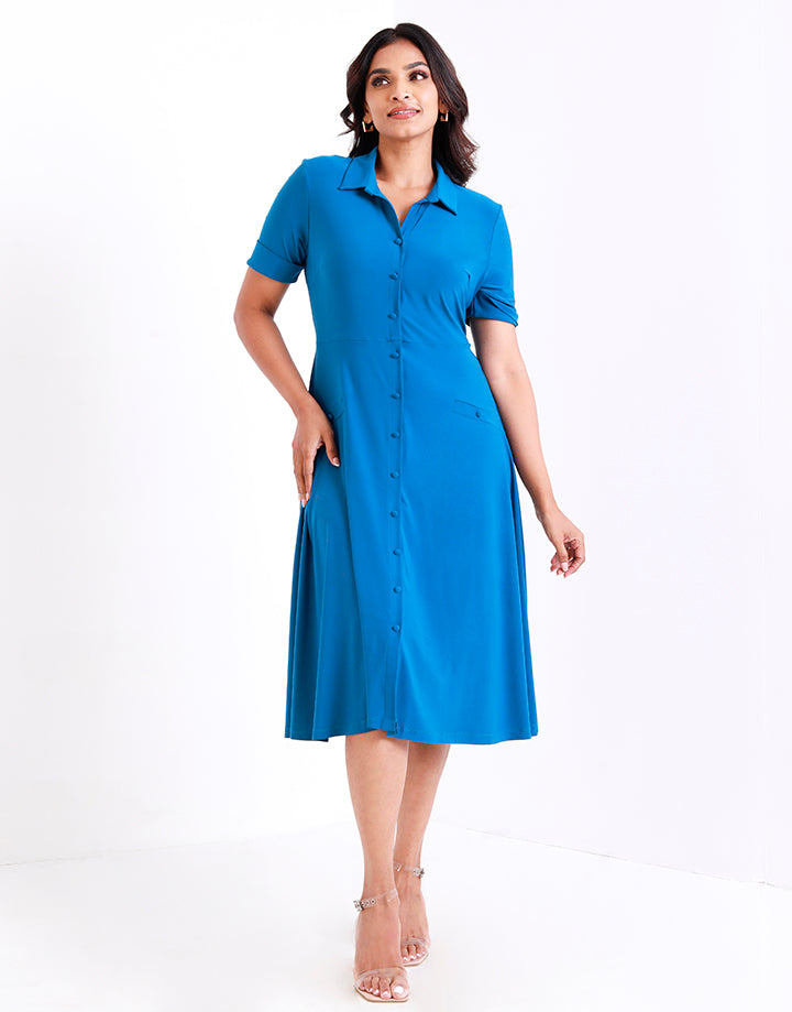 Flared Midi Dress with Shirt Collar