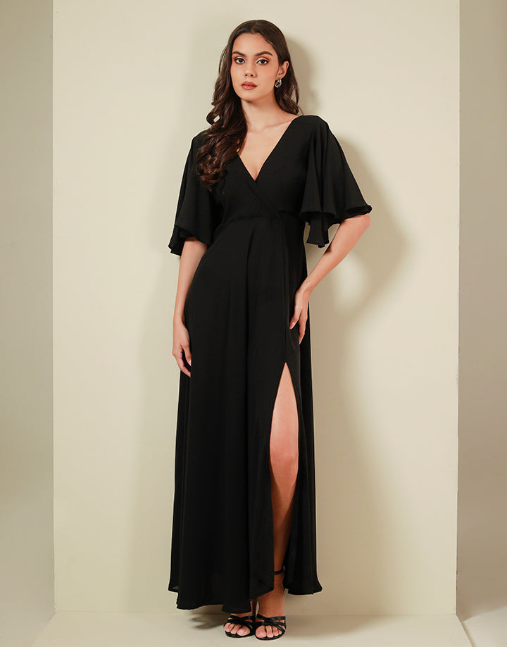 Flared Sleeves Crossover Neck Dress