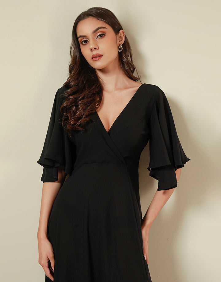 Flared Sleeves Crossover Neck Dress