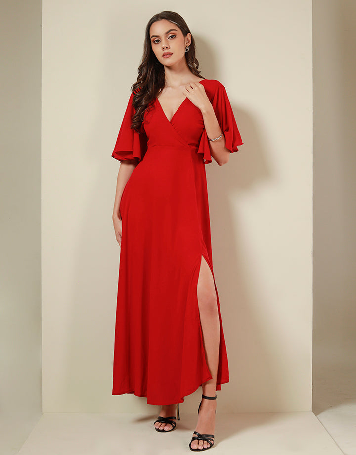 Flared Sleeves Crossover Neck Dress