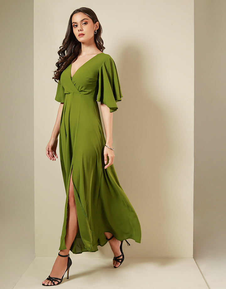 Flared Sleeves Crossover Neck Dress