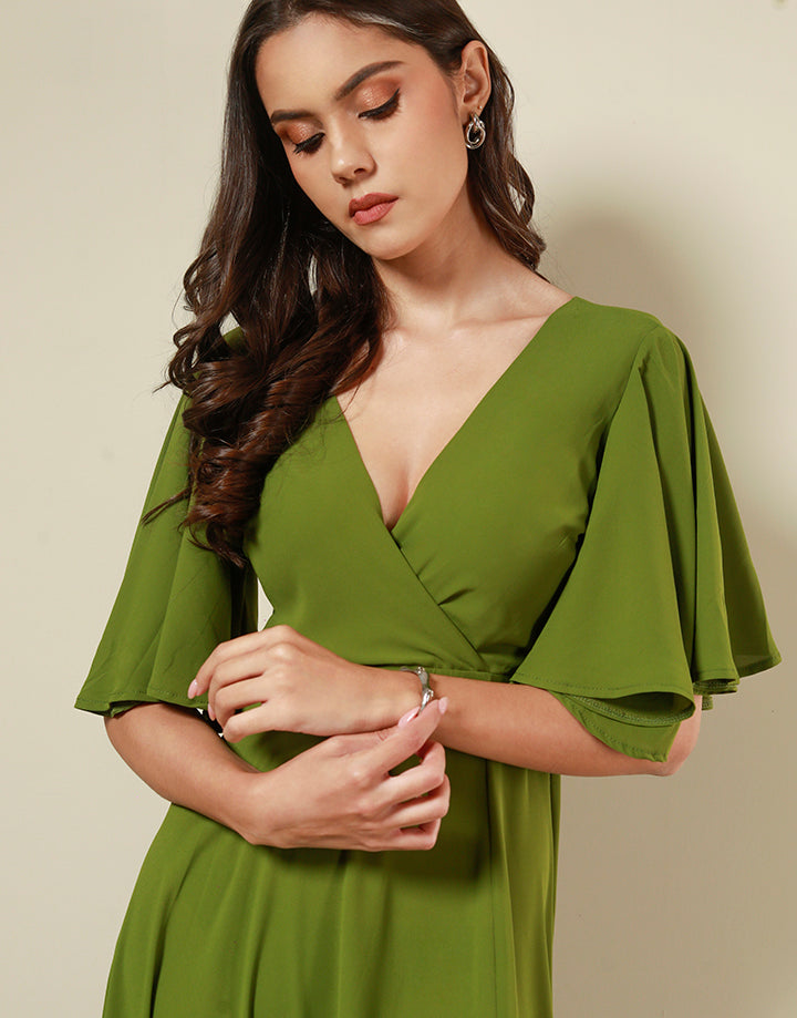 Flared Sleeves Crossover Neck Dress