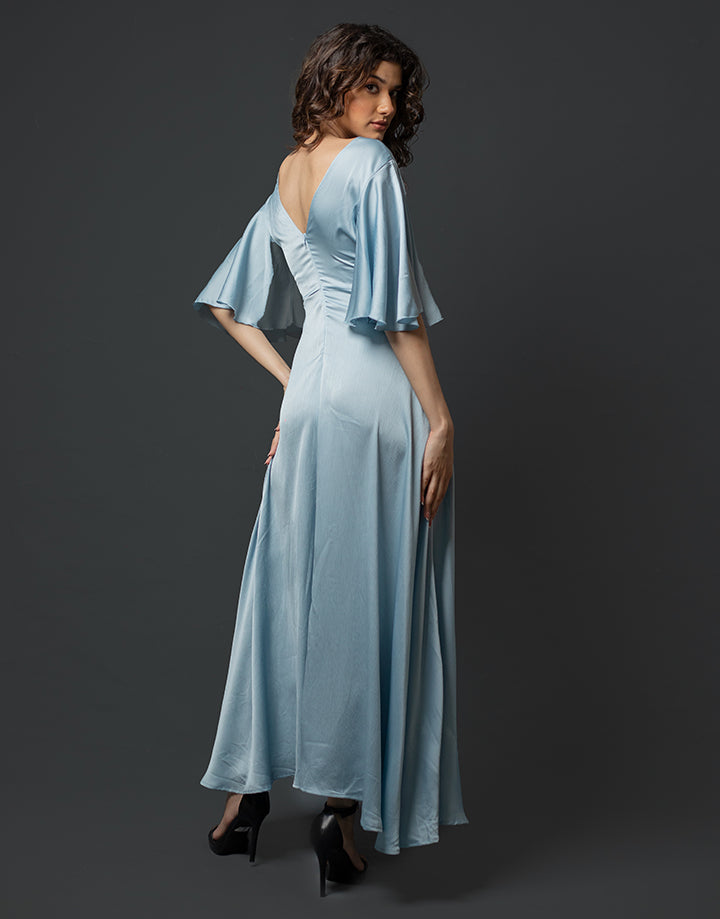 Flared Sleeves Crossover Neck Dress with Front Slit