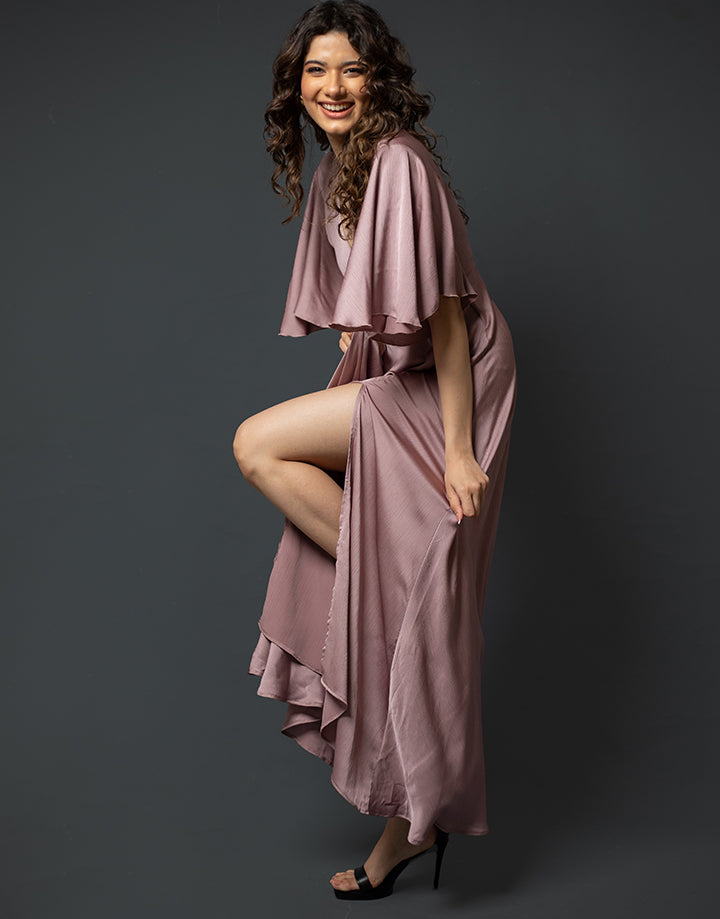 Flared Sleeves Crossover Neck Dress with Front Slit