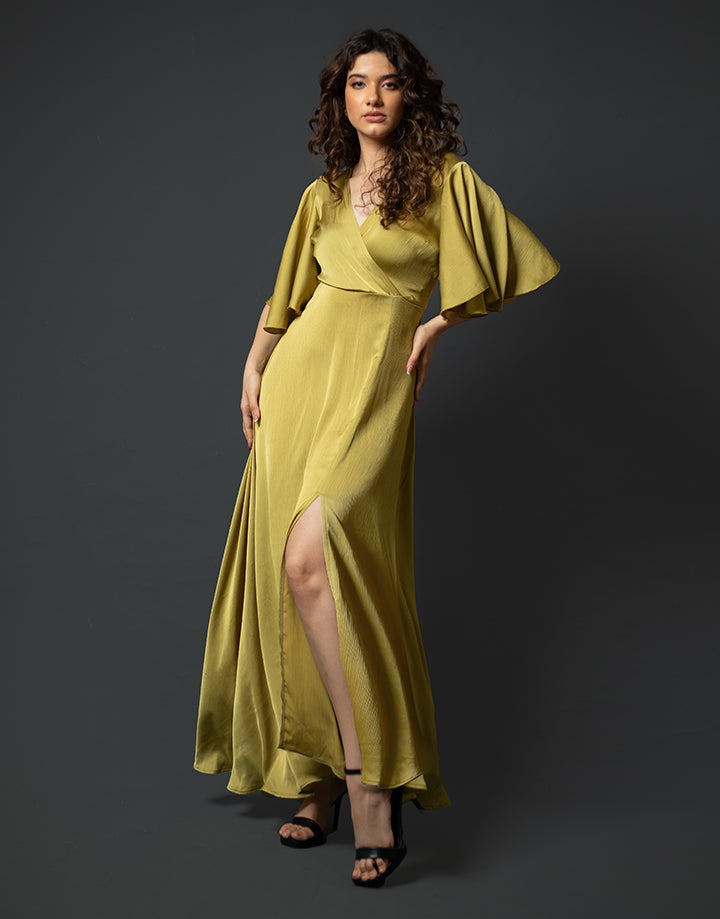 Flared Sleeves Crossover Neck Dress with Front Slit