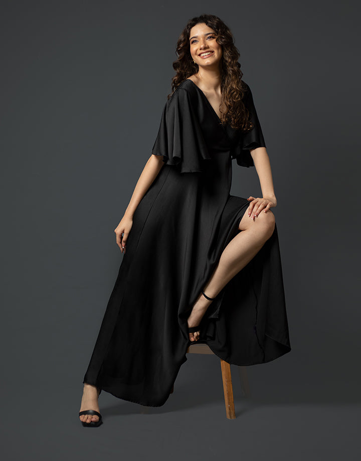 Flared Sleeves Crossover Neck Dress with Front Slit