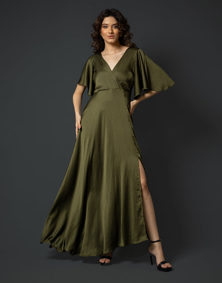 Flared Sleeves Crossover Neck Dress with Front Slit