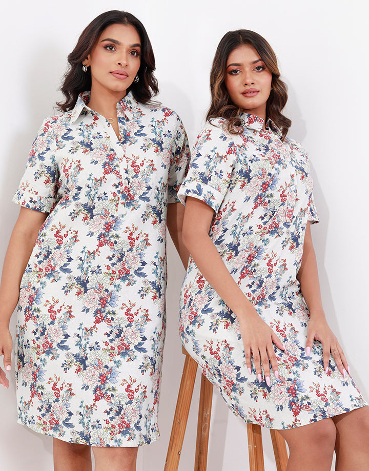 Floral Print Dress with Folded Sleeves