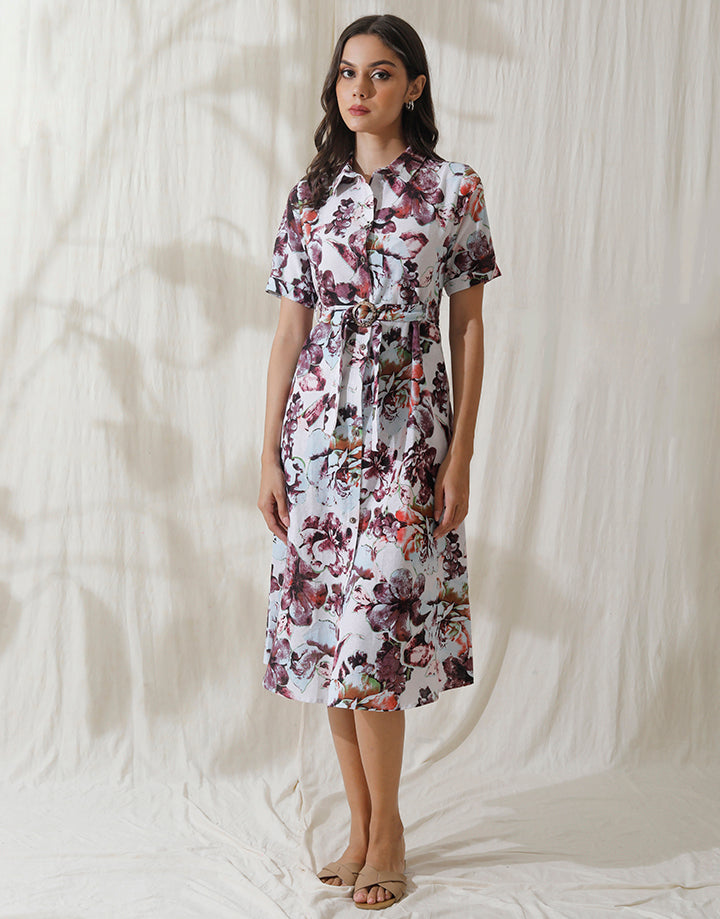 Floral Print Shirt Dress with Belt