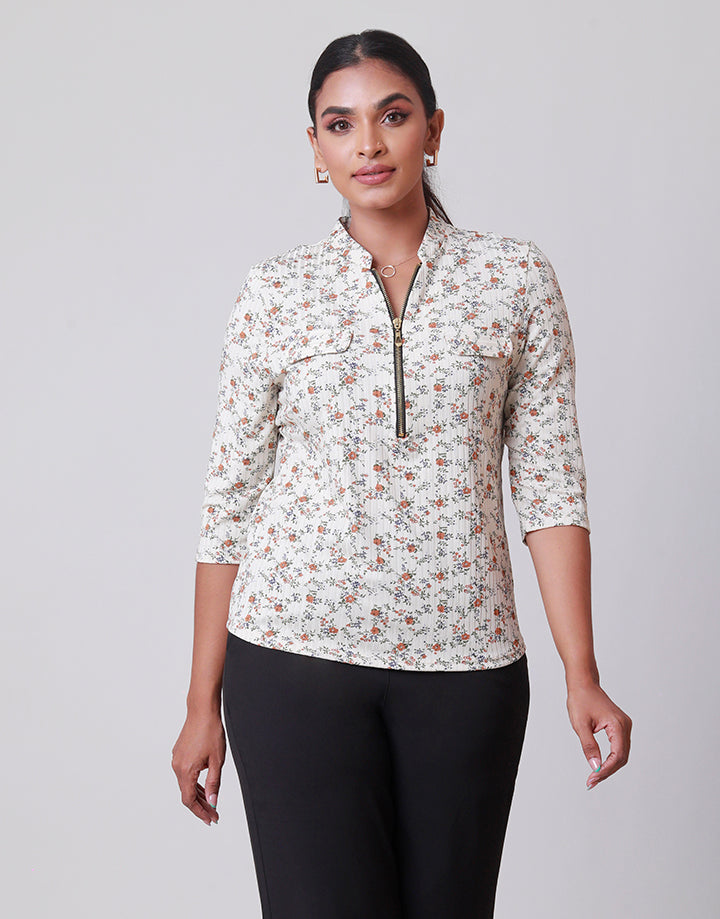 Floral Print Top with Half Zipper