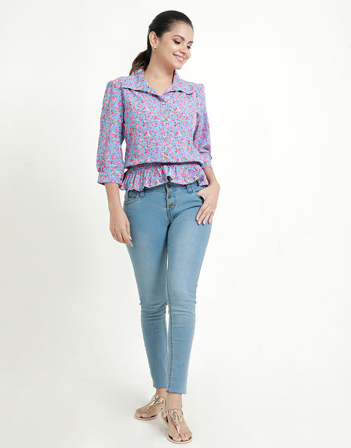 Floral Printed Top with Smocked Waist Band