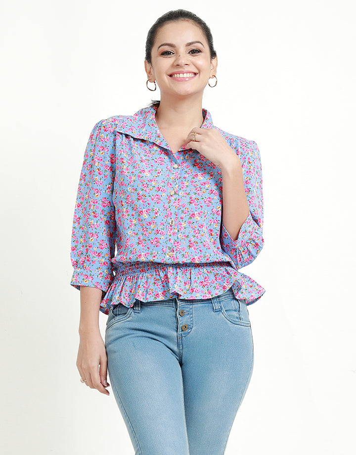 Floral Printed Top with Smocked Waist Band