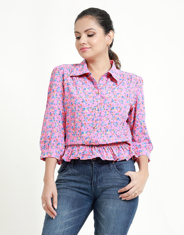 Floral Printed Top with Smocked Waist Band