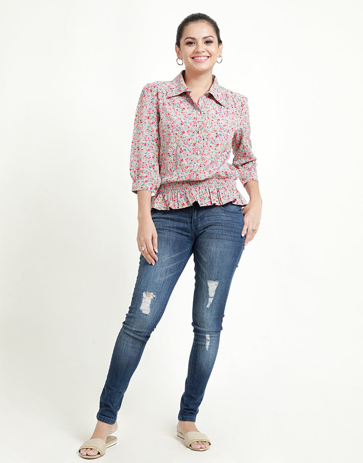 Floral Printed Top with Smocked Waist Band