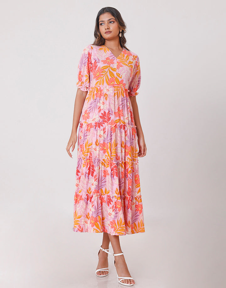 Floral Print with Tiered Elegance Dress