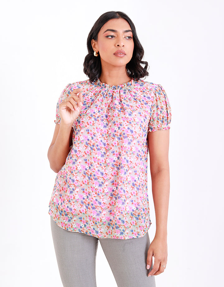 Floral Puff Sleeves Top with Back Keyhole