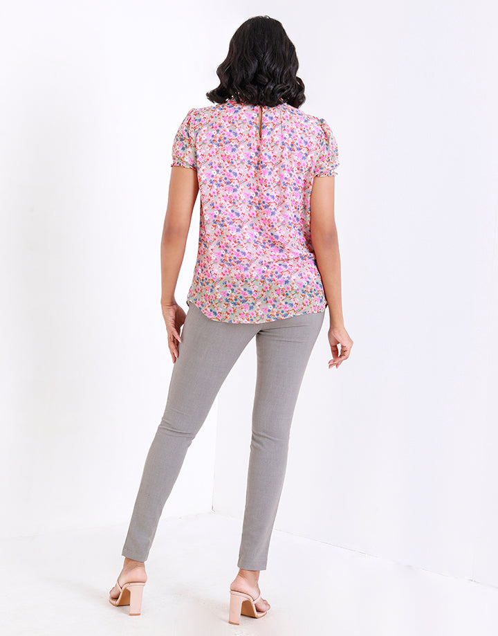 Floral Puff Sleeves Top with Back Keyhole