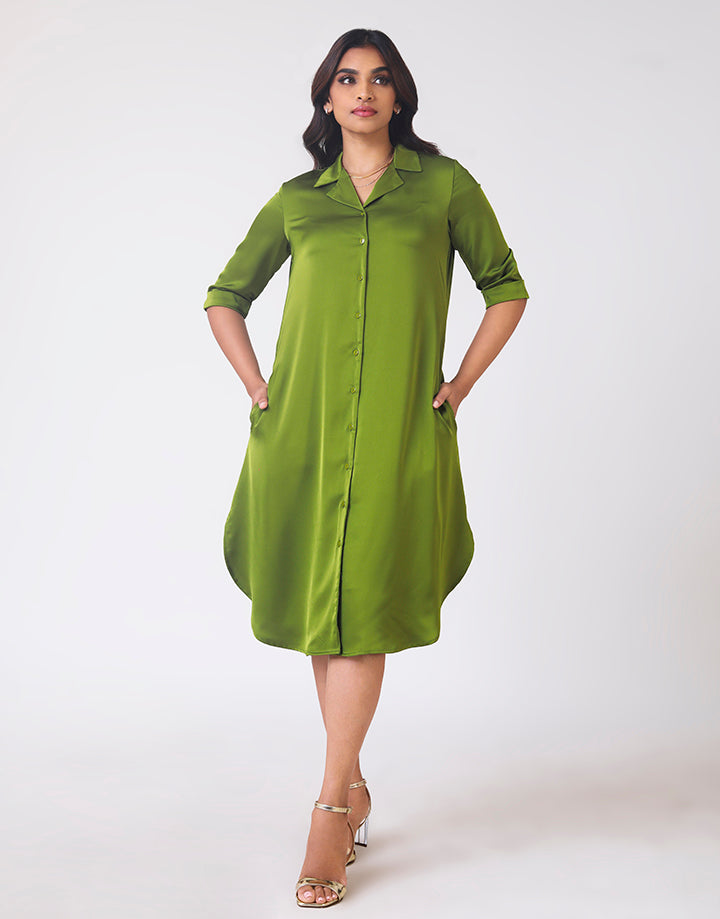 Folded Sleeve Shirt Dress with Side Pockets