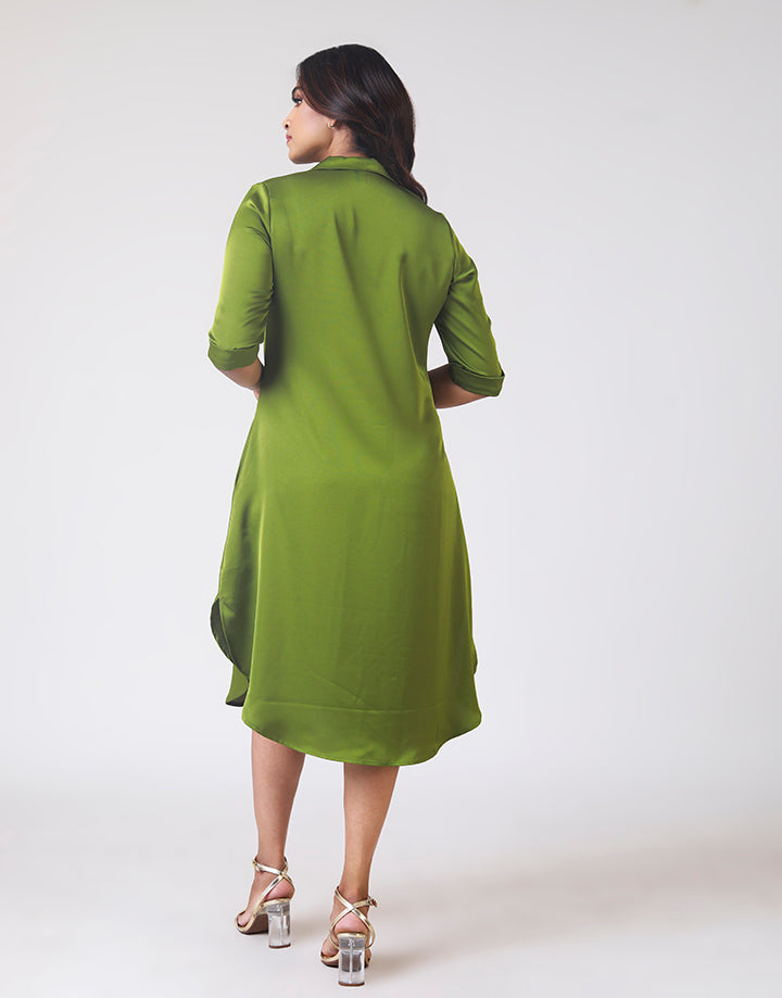 Folded Sleeve Shirt Dress with Side Pockets