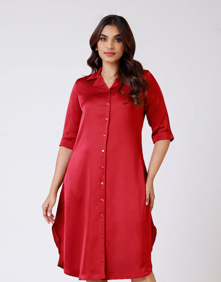 Folded Sleeve Shirt Dress with Side Pockets