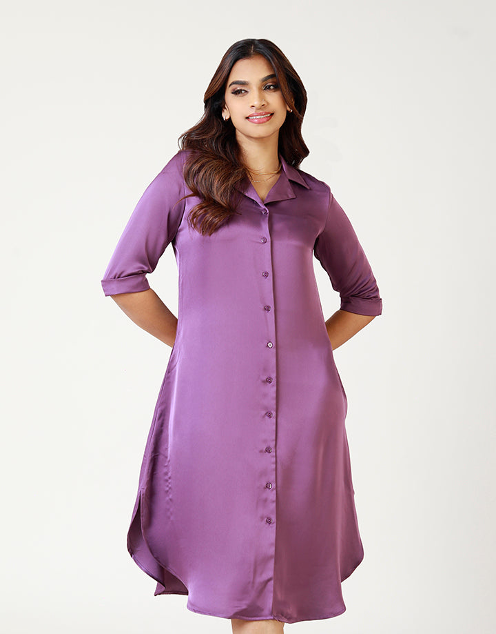 Folded Sleeve Shirt Dress with Side Pockets