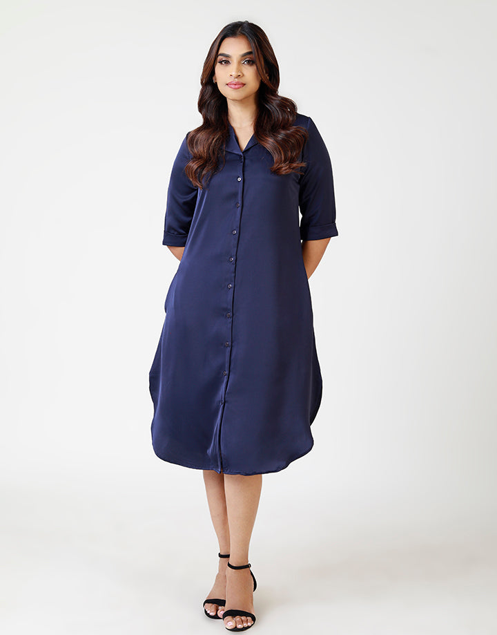 Folded Sleeve Shirt Dress with Side Pockets