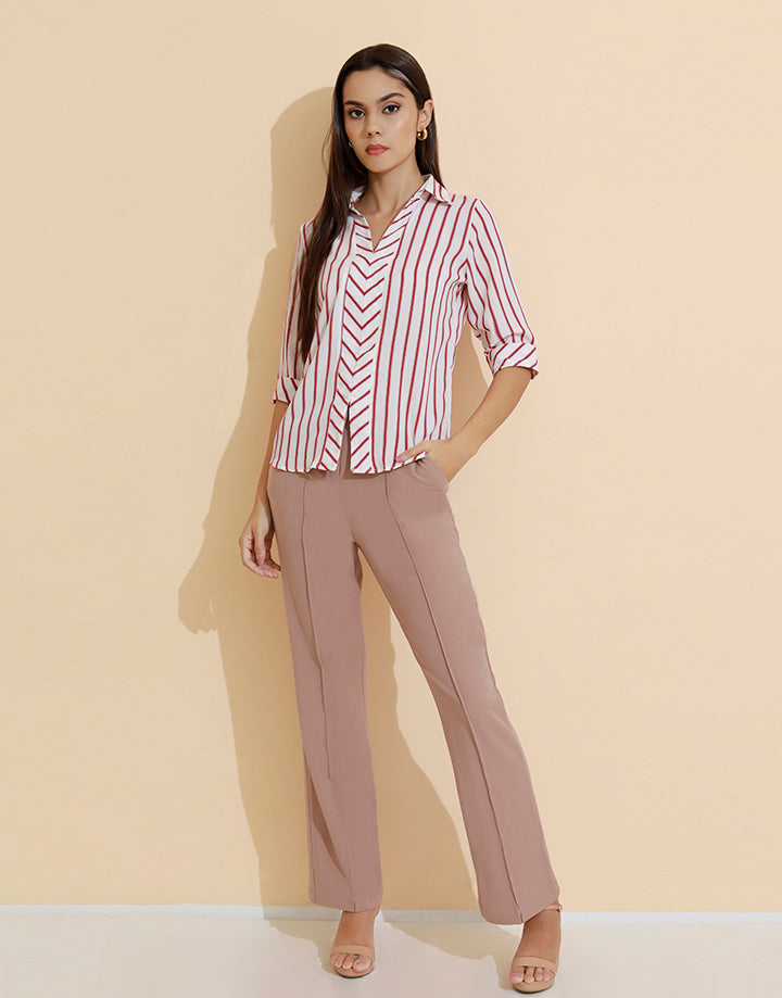 Folder Sleeves Striped Top with Collar