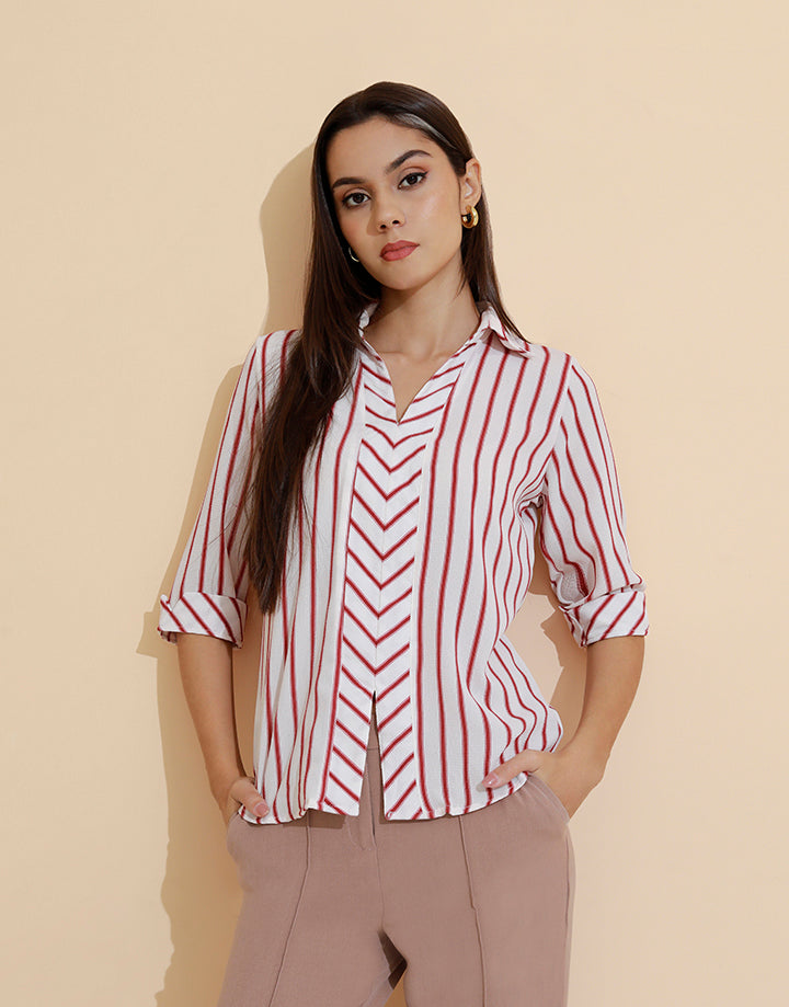 Folder Sleeves Striped Top with Collar